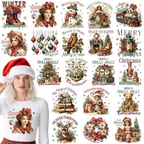Dazoratix Retro-Weihnachts-Bügelbilder – 20 Blatt Vintage Frauen DTF Ready to Press Bulk Xmas Winter Santa Girl Heat Patches Aufkleber Vinyl Aufkleber für T-Shirts Kleidung Hoodies Kissen DIY Handwerk von Dazoratix