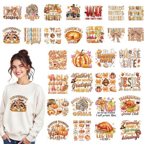 Dazoratix Thanksgiving-Schleifen-Bügelbilder – 20 Blatt DTF zum Aufbügeln – Aufkleber mit Aufschrift "Thankful Pumpkin Vinyl Design Decals for T Shirts Clothes Pillow Hoodies DIY Craft Applique Gifts von Dazoratix