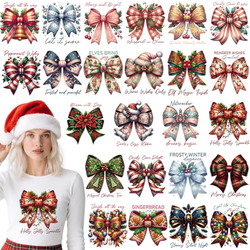 Dazoratix Weihnachtsschleife zum Aufbügeln – 24 Blatt Coquettee Xmas DTF Ready to Press Heat Patches Merry Xmas Aufkleber Vinyl Aufkleber für T-Shirts Kleidung Hoodies Kissen Tasche Winter Urlaub DIY von Dazoratix