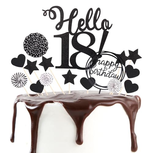 DazzJoy Tortendeko 18. Geburtstag Mädchen & Junge, Hello 18 Cake Topper, Schwarz Torten Deko für 18. Geburtstag von Dazzjoy