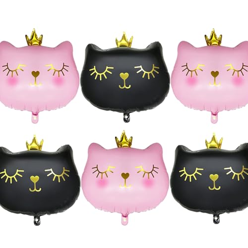DazzJoy 6 Stück Katzen Folienballon Geburtstag, XXL Luftballon Tiere Ballons Katze, Luftballons Katze Deko Geburtstag Mädchen Junge, Rosa Schwarz Kronen Katzen Helium Ballon für Kindergeburtstag Deko von Dazzjoy