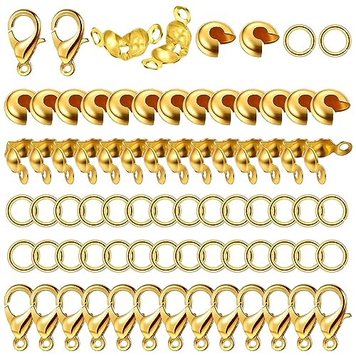1200-teiliges Gold Schmuckherstellung Zubehör Set mit 100 Karabinerverschlüsse 100 Quetschperlen-Abdeckungen 200 Perlenspitzen Knotenabdeckungen 800 0ffenen Binderingverbindern für DIY Schmuckhandwerk von Dazzhues