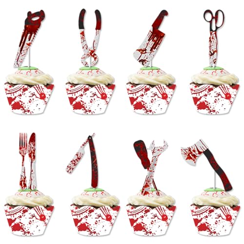 DazzJoy 16 Stück Halloween Cupcake Wrappers und Toppers, Halloween Deko Torte, Blutflecken Messer Muffin Deko, Kuchendeko Horror Dekoration, Horror Thema Blutflecken Torten Deko Wrappers DazzJoy 16 Stück Halloween Cupcake Wrappers und Toppers, Halloween Deko Torte, Blutflecken Messer Muffin Deko, Kuchendeko Horror Dekoration, Horror Thema Blutflecken Torten Deko Wrappers von Dazzjoy