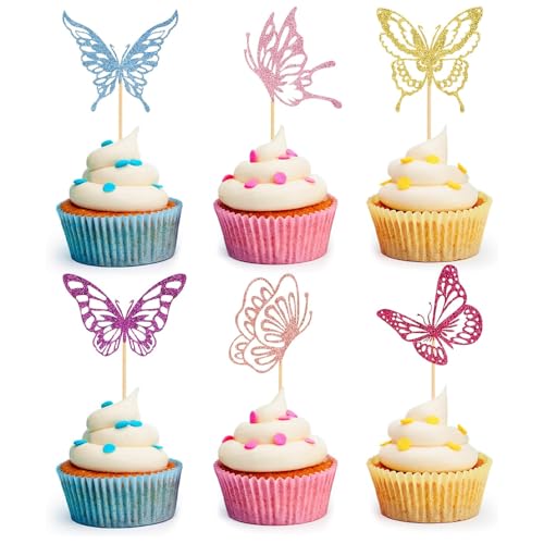 DazzJoy Schmetterling Cupcake Topper, 24 Stück Glitter Bunte Schmetterling Tortendeko Geburtstag, Cupcake Toppers Schmetterlinge Deko Torte für Hochzeit Deko, Kuchen Deko Mädchen, Valentinstag von Dazzjoy