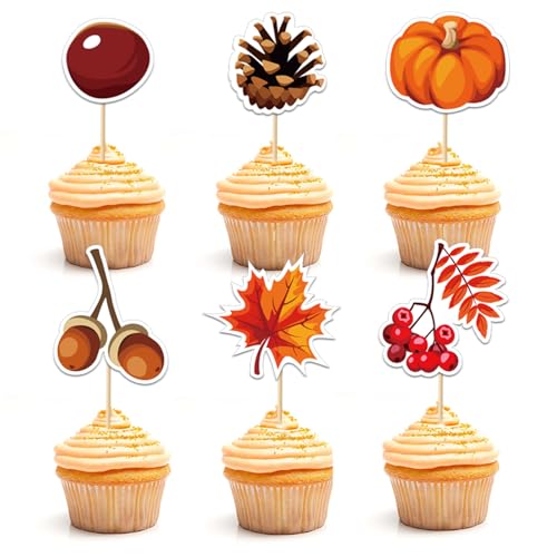 DazzJoy 24 Stk Herbst Tortendeko, Herbst Deko Cake Topper, Herbstdeko Kuchen Deko, Herbstdeko innen Tortendeko, Herbstlich Torte Deko mit Kürbis Ahornblätter und Eicheln für Erntedankfest Thanksgiving von Dazzjoy