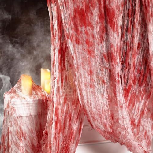 DazzJoy 5 x 2.15m Halloween Deko Blut Gaze Stoff, Halloween Gruseliges Blutige Tuch, Horror Deko Blut Gaze Tücher für Gothic Deko, Halloweener Deko Outdoor und Innen, Halloweens Tischdeko von Dazzjoy