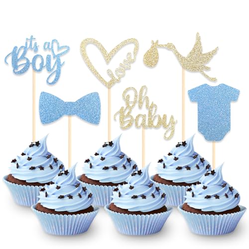 DazzJoy Glitzer Oh Baby Cake Topper,24 Stück It‘s a Boy Cupcake Topper Babyparty Junge,Babyshower Tortendeko Taufe Junge,Babyparty Deko Torte,Kuchendeko Baby Shower Deko,Gender Reveal Party von Dazzjoy