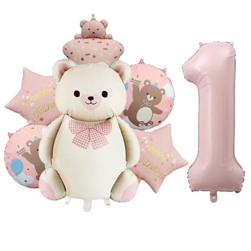 DazzJoy Bär Geburtstagsdeko 1 Jahr Mädchen, 7 Stück Luftballon Deko 1. Geburtstag Junge Mädchen, Bären Deko Geburtstag 1 Jahr Mädchen von Dazzjoy