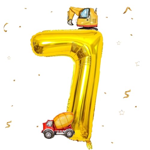 DazzJoy Bagger Luftballon 7. Geburtstag, 40 Zoll Gold Zahlenballon 7 mit Bagger Folienballon, Bagger Geburtstag Deko 7 Jahre Junge, Bagger Deko Zahlen 7 Ballon, Baustellen Party Kindergeburtstag Deko von Dazzjoy