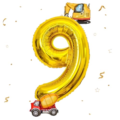 DazzJoy Bagger Luftballon 9. Geburtstag, 40 Zoll Gold Zahlenballon 9 mit Bagger Folienballon, Bagger Geburtstag Deko 9 Jahre Junge, Bagger Deko Zahlen 9 Ballon, Baustellen Party Kindergeburtstag Deko von Dazzjoy