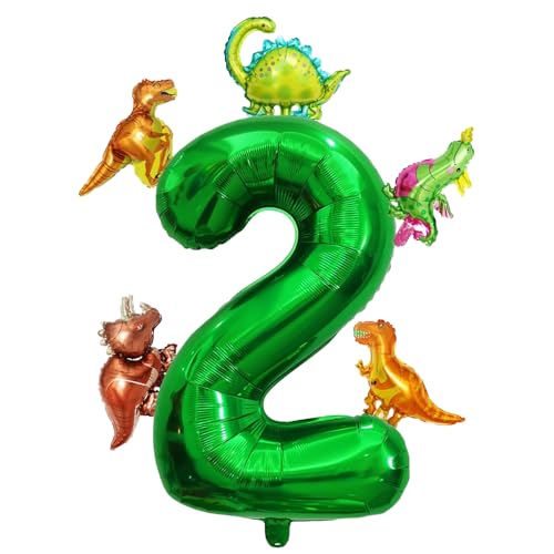 Dino Zahlen Luftballon 2. Geburtstag, 40 Zoll Grün Zahlenballon 2 mit Dino Folienballon, Geburtstagsdeko 2 Jahre Junge Mädchen, Dino Zahlen Helium Ballon 2,Ballons 2 für Geburtstag Jubiläum Party Deko von Dazzjoy