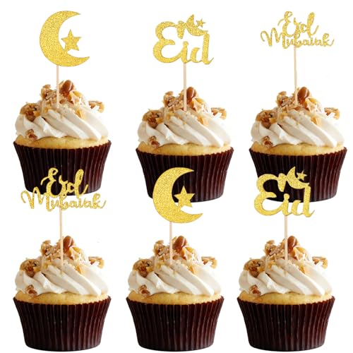 DazzJoy Eid Mubarak Tortendeko 24 Stück, Ramadan Kuchendeko, Glitzer Cupcake Topper Gold Tortenaufsatz, Stern Mond Cake Topper für Islamische Party Deko von Dazzjoy