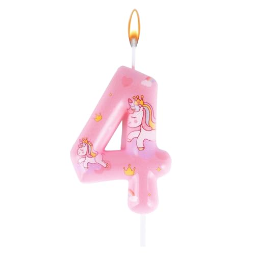 DazzJoy Einhorn Geburtstagskerzen Zahlen 4 Jahre, Unicorn Kerze 4 Geburtstag Mädchen, Unicorn Geburtstagskerze 4. Geburtstag Mädchen, Einhorn Tortendeko Geburtstagsdeko 4 Jahre, Kerzen Zahlen 4 Rosa von Dazzjoy