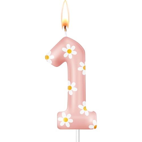 DazzJoy Gänseblümchen Geburtstagskerzen Zahlen 1, Gänseblümchen Kerze Cake Topper 1. Geburtstag Mädchen Junge Deko, Geburtstagskerze 1 Geburtstag Mädchen Deko, Zahlenkerze 1 Rosa(ca.8,5cm) von Dazzjoy