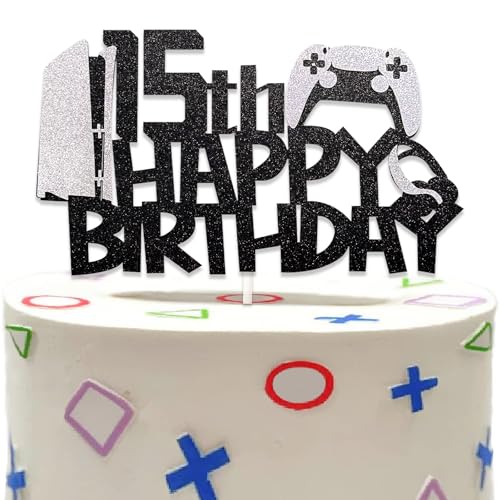 DazzJoy Glitter Gaming Tortendeko 15 Geburtstag Junge Mädchen,Videospiel Torten Deko 15. Geburtstags Junge,Gamer Kuchendeko Geburtstag 15 Jahre,Cake Topper 15 Geburtstags,Gamer Deko von Dazzjoy