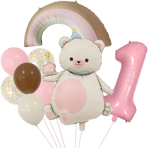 DazzJoy Bär Geburtstagsdeko 1 Jahr Mädchen, Luftballon Deko 1. Geburtstag Mädchen Junge, Regenbogen Bär Folienballon 1 Jahr Geburtstag Mädchen von Dazzjoy