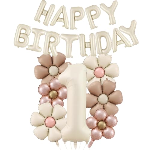 DazzJoy Geburtstagsdeko 1 Jahr Mädchen mit Gänseblümchen Folienballon, Luftballon Deko 1. Geburtstag Mädchen Junge, Creme Happy Birthday Ballon 1 Geburtstag Mädchen Deko, Erster Geburtstage Mädchen von Dazzjoy