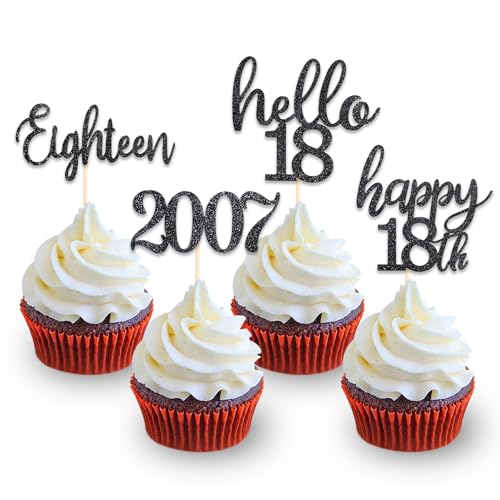 DazzJoy 24 Stk Glitzer Tortendeko 18 Geburtstag Junge,Cupcake Topper 18. Geburtstag Deko,Schwarz Muffin Deko 18. Geburtstag Junge,Kuchendeko 18 Geburtstag Deko,Happy 18th Birthday Cake Topper von Dazzjoy