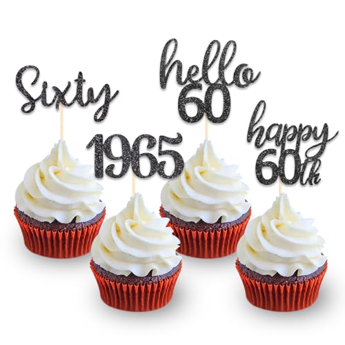 DazzJoy 24 Stk Cupcake Topper 60 Geburtstag Deko Schwarz,Glitzer Tortendeko 60 Geburtstag Frau,Cake Topper 60. Geburtstag Deko,Happy 60th Birthday Torten Deko Mann,Kuchendeko 60.ter Geburtstag Mann von Dazzjoy