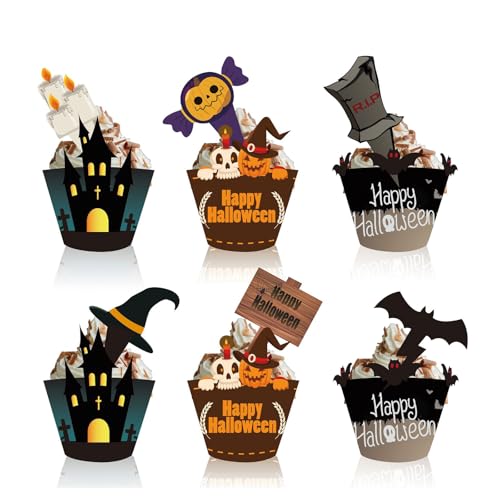 DazzJoy Halloween Papier Cupcake Topper, 24 Stück Wrapper, Fledermäuse Kuchen Deko, Grabsteine Muffinförmchen, Horror Muffins Verpackung für Party DazzJoy Halloween Papier Cupcake Topper, 24 Stück Wrapper, Fledermäuse Kuchen Deko, Grabsteine Muffinförmchen, Horror Muffins Verpackung für Party von Dazzjoy