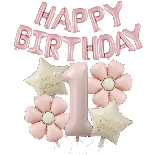 DazzJoy Geburtstagsdeko 1 Jahr Mädchen mit Gänseblümchen Folienballon, Luftballon Deko 1. Geburtstag Mädchen Junge, Rosa Happy Birthday Ballon 1 Geburtstag Mädchen Deko für Kindergeburtstag Deko von Dazzjoy