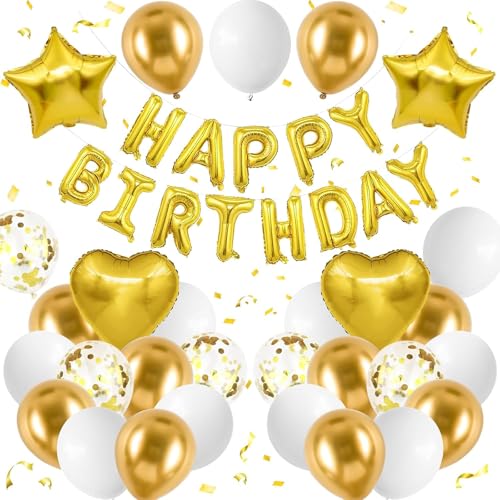 DazzJoy Happy Birthday Ballon Gold Weiß Set, Geburtstagsdeko Gold Weiß Ballons, Gold Helium Luftballons Geburtstag, Gold Happy Birthday Luftballons für Kindergeburtstag Deko Mädchen Junge von Dazzjoy