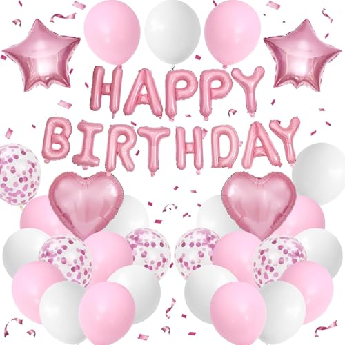 DazzJoy Happy Birthday Ballon Rosa Weiß Set, Geburtstagsdeko Rosa Weiß Ballons, Helium Luftballons Geburtstag Deko, Rosa Happy Birthday Luftballon für Kindergeburtstag Deko Mädchen, Frau Deko von Dazzjoy