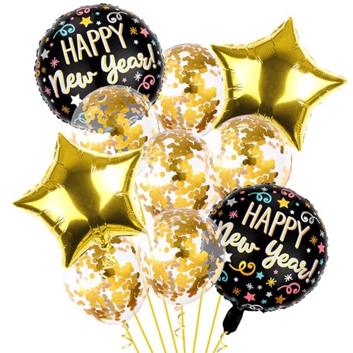 DazzJoy Silvester Deko 2025 Luftballons Schwarz Gold, 10 Stück Happy New Year Ballon, Luftballon Silvester Party Set, Neujahr Helium Ballons für Silvesterparty, New Year Decoration von Dazzjoy