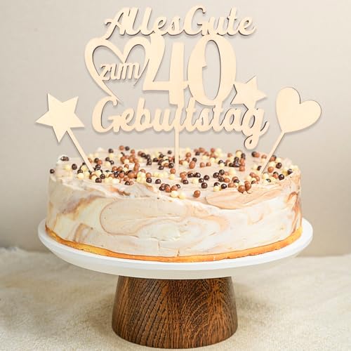 DazzJoy Holz Torten Deko 40. Geburtstag - 3 Stück Cake Topper, Alles Gute zum 40. Geburtstag von Dazzjoy