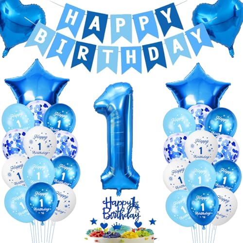 DazzJoy Luftballons 1. Geburtstag Blau, 32 Zoll Folienballon Zahl 1 Blau, Luftballon 1. Geburtstag Junge Mädchen, 1 Geburtstag Junge Deko von Dazzjoy