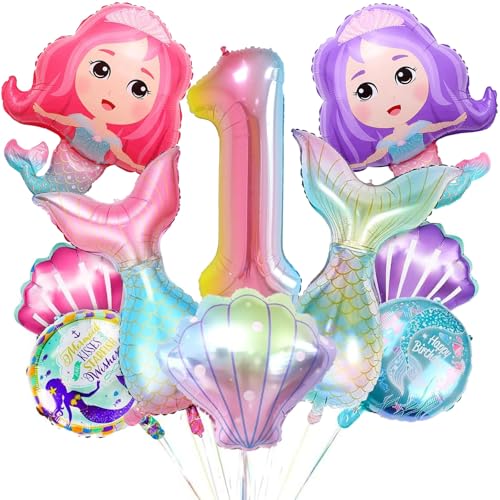 DazzJoy Geburtstagsdeko 1 Jahr Mädchen mit Meerjungfrau Folienballon, Meerjungfrau Luftballon Deko 1. Geburtstag Mädchen Junge, Luftballons Geburtstag 1 Jahr Mädchen, Ballon 1 Geburtstag Mädchen Deko von Dazzjoy