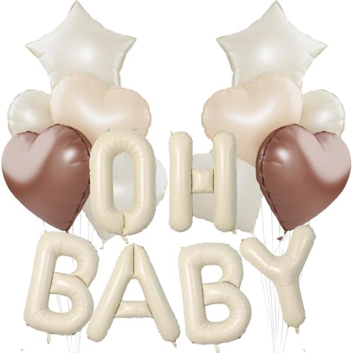 DazzJoy Oh Baby Luftballon, 16 Zoll Cremeweiß OH BABY Buchstaben Ballons, Oh Baby Folienballon mit Stern Herz Luftballons Geburtstag, Oh Baby Ballon für Babyparty Deko Junge Mädchen, Oh Baby Deko von Dazzjoy