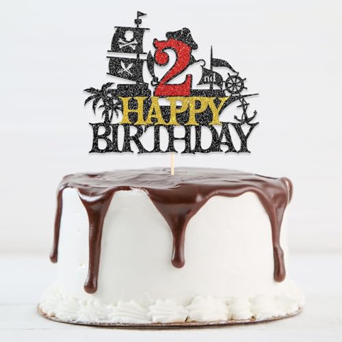 DazzJoy Piraten Tortendeko Geburtstag 2 Jahre Junge,Torten Deko 2. Geburtstag Junge,Glitter Geburtstagsdeko 2 Jahre Junge,Cake Topper 2 Geburtstag Junge,Happy 2nd Birthday Tortendeko von Dazzjoy