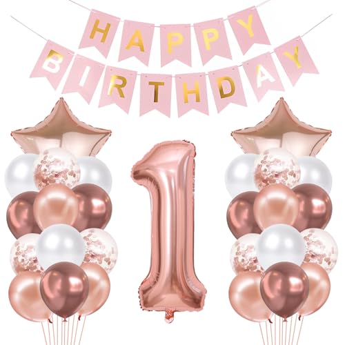 DazzJoy Luftballon 1. Geburtstag Rosegold, Geburtstagsdeko 1 Jahr Mädchen, 32 Zoll Rosegold Luftballons Zahlen 1, Herz Ballon 1 Geburtstag Junge Mädchen Deko für Kindergeburtstag Deko von Dazzjoy