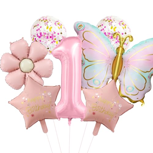DazzJoy Schmetterling Luftballon 1. Geburtstag Mädchen Deko, Schmetterling Ballon 1 Geburtstag Mädchen Deko, Zahlen Ballon 1 Rosa, Erster Geburtstage Mädchen, Schmetterlinge Folienballon 1 Jahr von Dazzjoy