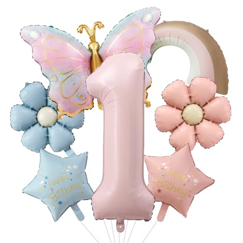 Schmetterling Geburtstagsdeko 1 Jahr Mädchen mit Gänseblümchen Folienballon,Schmetterlinge Deko 1. Geburtstag Mädchen Junge,Luftballon 1. Geburtstag Mädchen Geburtstage Schmetterling Themen Party Deko von Dazzjoy