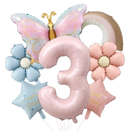 Schmetterling Geburtstagsdeko 3 Jahr Mädchen mit Gänseblümchen Folienballon,Schmetterlinge Deko 3. Geburtstag Mädchen Junge,Luftballon 3. Geburtstag Mädchen Geburtstage Schmetterling Themen Party Deko von Dazzjoy