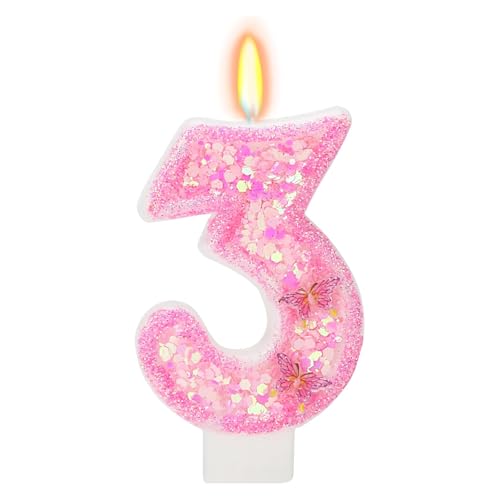 DazzJoy Schmetterling Geburtstagskerzen Kuchen Zahlen 3, Schmetterling Kerze 3 Geburtstag Mädchen, Schmetterlinge Geburtstagskerze Deko 3. Geburtstag Mädchen, Zahlen Kerzen 3 Rosa(ca.7,2cm) von Dazzjoy