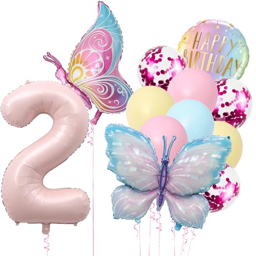 DazzJoy Schmetterling Luftballon Deko 2. Geburtstag Mädchen, Ballon 2 Geburtstag Mädchen Deko, Geburtstagsdeko 2 Jahre Mädchen mit Schmetterlinge Folienballon, Luftballons Zahlen 2 Jahre Rosa von Dazzjoy