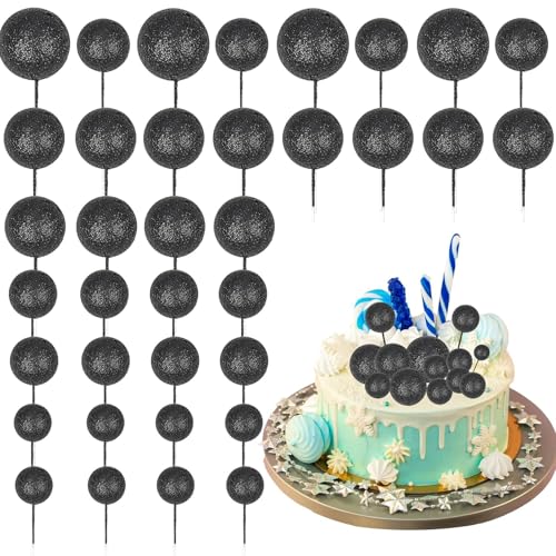 DazzJoy 20 Stück Tortendeko Kugeln Schwarz,Glitzer Torten Deko Kugeln,Cake Topper Mini Ballons,Kuchen Deko Schwarz,Tortenaufsatz Kugel für Hochzeit Geburtstag Babyparty von Dazzjoy