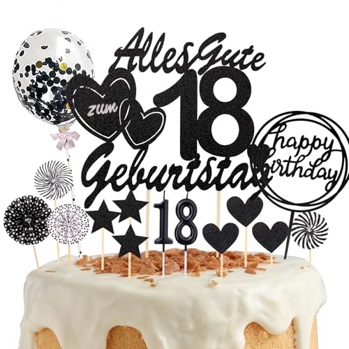 DazzJoy Tortendeko 18 Geburtstag Junge Mädchen,19 Stück Kuchendeko 18. Geburtstag Junge,Alles Gute zum 18 Geburtstag Deko Torten mit Geburtstagskerzen,Schwarz Cake Topper 18 Geburtstag Kuchen Topper von Dazzjoy
