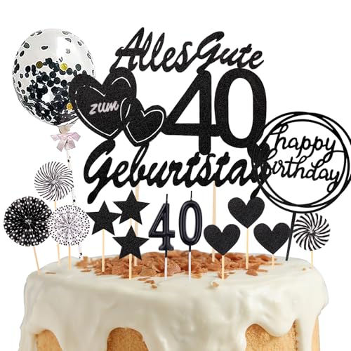 DazzJoy Tortendeko 40. Geburtstag Mann Frau, 19 Stück Cake Topper, Glitzer Kuchendeko Mit Geburtstagskerze, Schwarz Happy 40th Birthday Torten Deko von Dazzjoy