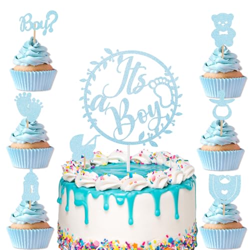 DazzJoy Its a Boy Tortendeko Babyparty Junge,22 Stück Baby Boy Muffin Deko,Glitzer Babyparty Kuchen Deko,Cupcake Deko Baby Boy,Cake Topper Baby Shower,Blau Baby Tortendeko Gender Reveal Party Deko von Dazzjoy