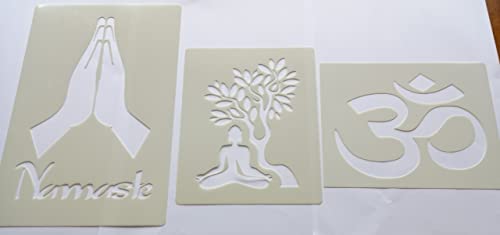 Schablone Buddha & Baum & Namaste + Hände & Omh Symbol Schablone Bögen Mylar 350 Mikron 20,3 cm hoch Hinduismus Hinduismus Hinduismus von Dazzle Glitter Tattoos