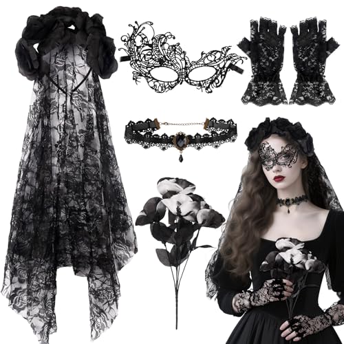 Dazzroi 5-teiliges Halloween-Gothic-Braut-Kostüm-Zubehör-Set für Damen, Braut-Kostüm-Zubehör mit Rose für Halloween-Party Dazzroi 5-teiliges Halloween-Gothic-Braut-Kostüm-Zubehör-Set für Damen, Braut-Kostüm-Zubehör mit Rose für Halloween-Party von Dazzroi