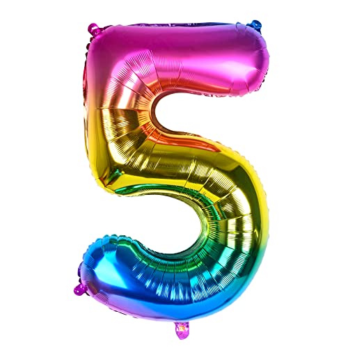 Riesige Regenbogen-Helium-Folien-Luftballons, selbstaufblasend, 0-9, große Zahl 5, Ballon-Farbverlauf für Mädchen und Jungen, Geburtstagsfeier-Dekorationen/Jubiläumsbedarf, Nummer 5 von Dbmoon