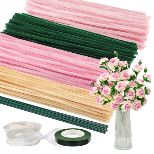 Rosenstrauß Pfeifenreiniger Blumen Set Pfeifenputzer zum Basteln mit 400 Stück Pfeifenputzer 20 Stück Grünem Bastelfaden Geschenkband Klebeband für Hochzeit Geschenk Dekoration von Dbuwqips