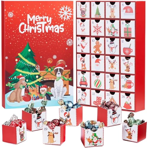 Anpassbarer 24-DRAW-Weihnachts-Adventskalender 2024 mit Hundemuster, wiederverwendbarer Holz-Adventskalender für Kinder und Hundeliebhaber vorgefüllte Kisten von Dbvnnsy