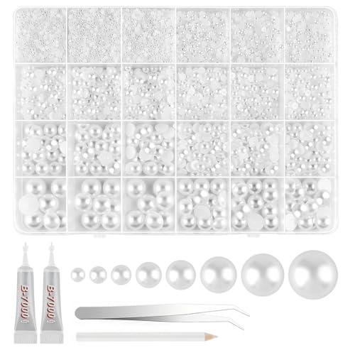 Dcsfadq Flache Perlen Set, Weiße Bastelperlen in 8 Größen mit Pinzette und Kleber, Perlen zum kleben, Halbperlen für DIY Dekorative Taschen, Schuhe, Kleidung und Handytaschen von Dcsfadq