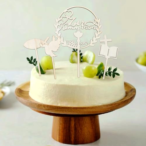Dcsfadq Holz Tortendekoration Set für Konfirmation, 4 Stück Cake Topper Taufe für Kommunion, Taube Holzfische Kuchendeko zur Kommunion für Junge Mädchen von Dcsfadq